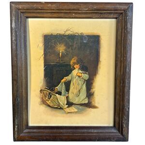 Vintage Wooden Framed Print Charming Nostalgic Little Girl Checking On Her Puppy